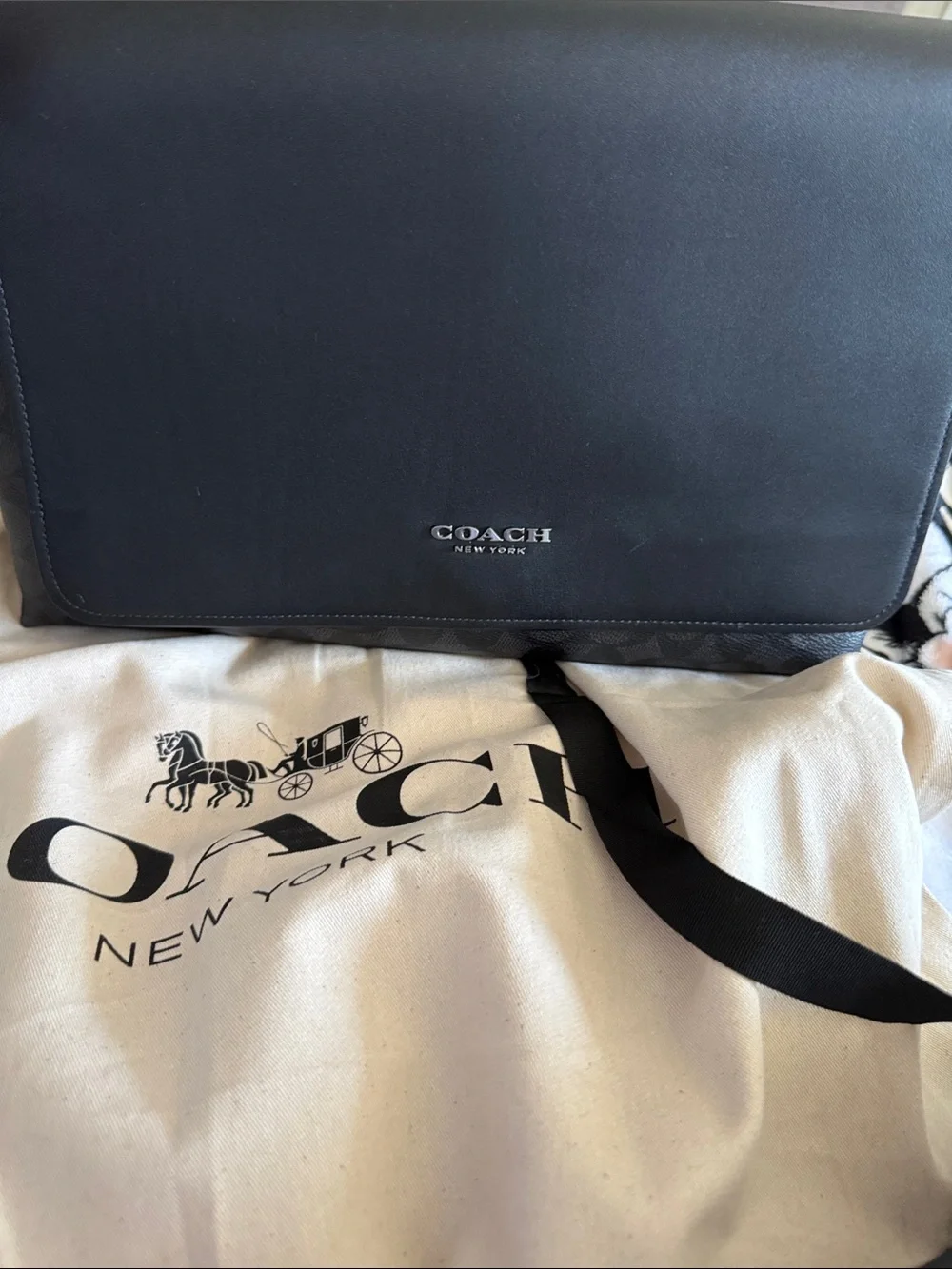 Coach Black Leather Messenger Bag with Silver Logo